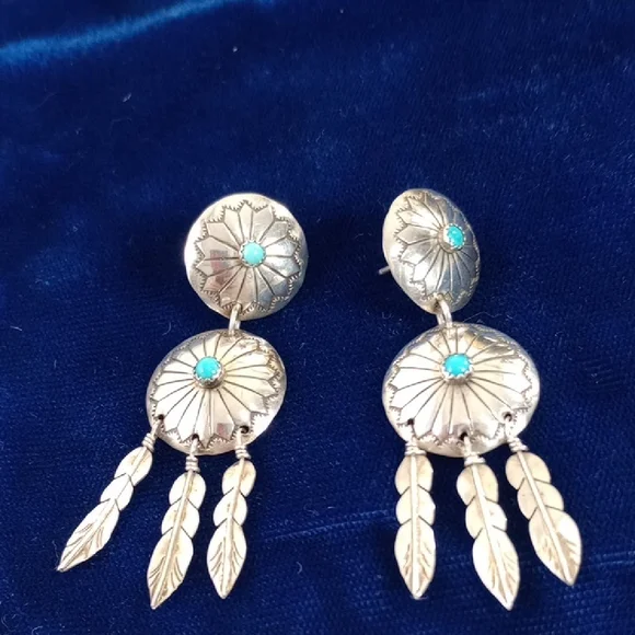 Sterling Silver and Turquoise / Feathers Dangle Earrings Native American - Picture 3 of 12